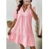 image:imageDokotoo Summer Dresses for Women Casual V Neck Puff Short Sleeve Ruffled Solid Cute Babydoll Mini Dress with PocketsPink