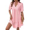 image:imageDokotoo Summer Dresses for Women Casual V Neck Puff Short Sleeve Ruffled Solid Cute Babydoll Mini Dress with PocketsPink