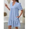 image:imageDokotoo Summer Dresses for Women Casual V Neck Puff Short Sleeve Ruffled Solid Cute Babydoll Mini Dress with PocketsSky Blue