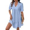 image:imageDokotoo Summer Dresses for Women Casual V Neck Puff Short Sleeve Ruffled Solid Cute Babydoll Mini Dress with PocketsSky Blue