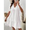 image:imageDokotoo Summer Dresses for Women Casual V Neck Puff Short Sleeve Ruffled Solid Cute Babydoll Mini Dress with PocketsWhite