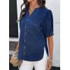 image:imageDokotoo Women Denim Shirt Button Down Casual Short Sleeve V Neck Blouse Summer TopsNavy Blue