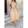 image:imageDokotoo Womens Dresses Lace VNeck Half Sleeve Belted Empire Waist Casual Dress ALine Hem Summer Midi Dress with PocketsBeige