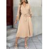 image:imageDokotoo Womens Dresses Lace VNeck Half Sleeve Belted Empire Waist Casual Dress ALine Hem Summer Midi Dress with PocketsBeige