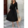 image:imageDokotoo Womens Dresses Lace VNeck Half Sleeve Belted Empire Waist Casual Dress ALine Hem Summer Midi Dress with PocketsBlack