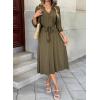 image:imageDokotoo Womens Dresses Lace VNeck Half Sleeve Belted Empire Waist Casual Dress ALine Hem Summer Midi Dress with PocketsGreen