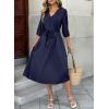 image:imageDokotoo Womens Dresses Lace VNeck Half Sleeve Belted Empire Waist Casual Dress ALine Hem Summer Midi Dress with PocketsNavy Blue
