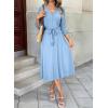 image:imageDokotoo Womens Dresses Lace VNeck Half Sleeve Belted Empire Waist Casual Dress ALine Hem Summer Midi Dress with PocketsSky Blue