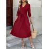 image:imageDokotoo Womens Dresses Lace VNeck Half Sleeve Belted Empire Waist Casual Dress ALine Hem Summer Midi Dress with PocketsWine Red