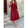 image:imageDokotoo Womens Dresses Lace VNeck Half Sleeve Belted Empire Waist Casual Dress ALine Hem Summer Midi Dress with PocketsWine Red