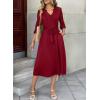 image:imageDokotoo Womens Dresses Lace VNeck Half Sleeve Belted Empire Waist Casual Dress ALine Hem Summer Midi Dress with PocketsWine Red