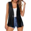 image:imageDokotoo Womens Fringe Vest Cowgirl Western Outfits 70s Hippie Costume Sleeveless Hollow Out Faux Suede Tassel OuterwearBlack