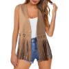 image:imageDokotoo Womens Fringe Vest Cowgirl Western Outfits 70s Hippie Costume Sleeveless Hollow Out Faux Suede Tassel OuterwearKhaki