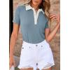 image:imageDokotoo Womens Polo Shirts Short Sleeve Business Casual Tops V Neck Collared Shirts Slim Fit BlousesWhite Neck Dusk Blue