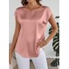 image:imageDokotoo Womens Silk Satin Tops Short Sleeve Shirts Crewneck Back Lace Patchwork Casual Dressy Blouse Summer OutfitsPinkish Purple