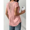 image:imageDokotoo Womens Silk Satin Tops Short Sleeve Shirts Crewneck Back Lace Patchwork Casual Dressy Blouse Summer OutfitsPinkish Purple