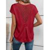 image:imageDokotoo Womens Silk Satin Tops Short Sleeve Shirts Crewneck Back Lace Patchwork Casual Dressy Blouse Summer OutfitsRed