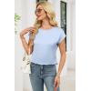 image:imageDokotoo Womens Silk Satin Tops Short Sleeve Shirts Crewneck Back Lace Patchwork Casual Dressy Blouse Summer OutfitsSky Blue