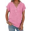 image:imageDokotoo Womens Summer 2026 Boho Tops Casual Button Short Sleeve V Neck Shirts Solid Cotton BlousesBright Pink
