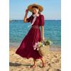 image:imageDokotoo Womens Summer 2026 Casual Midi Maxi Dresses Lightweight Short Sleeve Crew Neck Elastic Waist Smocked Boho DressRed