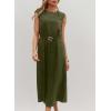 image:imageDokotoo Womens Summer Dresses 2026 Sleeveless Crewneck Gold Buckle Tie Belt Back Slit Casual Elegant Midi DressGreen