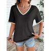 image:imageDokotoo Womens Summer Tops Casual Short Sleeve Lace TShirts Solid V Neck Waffle Knit Shirts BlousesBlack