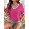 image:imageDokotoo Womens Summer Tops Casual Short Sleeve Lace TShirts Solid V Neck Waffle Knit Shirts BlousesHot Pink