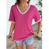 image:imageDokotoo Womens Summer Tops Casual Short Sleeve Lace TShirts Solid V Neck Waffle Knit Shirts BlousesHot Pink