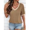 image:imageDokotoo Womens Summer Tops Casual Short Sleeve Lace TShirts Solid V Neck Waffle Knit Shirts BlousesKhaki