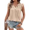 image:imageDokotoo Womens Summer Tops Dressy Casual Ruffle Cap Sleeve Chiffon Blouses Tassel V Neck Lace Embroidery Pleated ShirtsBeige