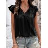 image:imageDokotoo Womens Summer Tops Dressy Casual Ruffle Cap Sleeve Chiffon Blouses Tassel V Neck Lace Embroidery Pleated ShirtsBlack