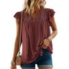 image:imageDokotoo Womens Summer Tops Dressy Casual Ruffle Cap Sleeve Chiffon Blouses Tassel V Neck Lace Embroidery Pleated ShirtsRed
