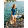 image:imageDokotoo Womens Summer Tops Short Sleeve Mesh Boho Floral V Neck Ruched Front Casual Slim Fit Stretch Blouses ShirtsBlue
