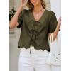 image:imageDokotoo Womens Tie Front Tops Summer VNeck Puff Short Sleeve Crop Tops Loose Fit Blouses Eyelet Embroidered ShirtsGreen