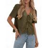 image:imageDokotoo Womens Tie Front Tops Summer VNeck Puff Short Sleeve Crop Tops Loose Fit Blouses Eyelet Embroidered ShirtsGreen