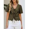 image:imageDokotoo Womens Tie Front Tops Summer VNeck Puff Short Sleeve Crop Tops Loose Fit Blouses Eyelet Embroidered ShirtsGreen