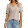 image:imageDokotoo Womens Tops Summer Casual Short Sleeve V Neck Lace Shirts Dressy Eyelet Embroidery BlousesLight Khaki
