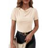 image:imageDokotoo Womens Tops Summer Cowl Neck Side Pleated Short Sleeve Shirt Slim Fit T Shirts Dressy 2026 Fashion OutfitsBeige