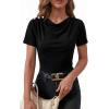 image:imageDokotoo Womens Tops Summer Cowl Neck Side Pleated Short Sleeve Shirt Slim Fit T Shirts Dressy 2026 Fashion OutfitsBlack