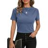 image:imageDokotoo Womens Tops Summer Cowl Neck Side Pleated Short Sleeve Shirt Slim Fit T Shirts Dressy 2026 Fashion OutfitsBlue
