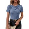 image:imageDokotoo Womens Tops Summer Cowl Neck Side Pleated Short Sleeve Shirt Slim Fit T Shirts Dressy 2026 Fashion OutfitsBlue