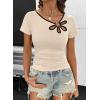 image:imageDokotoo Womens Tops Summer Short Sleeve Crew Neck Slim Fitted Blouse Trendy Cut Out Floral Pattern Basic Tees ShirtsApricot