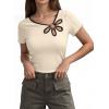 image:imageDokotoo Womens Tops Summer Short Sleeve Crew Neck Slim Fitted Blouse Trendy Cut Out Floral Pattern Basic Tees ShirtsApricot