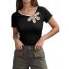 image:imageDokotoo Womens Tops Summer Short Sleeve Crew Neck Slim Fitted Blouse Trendy Cut Out Floral Pattern Basic Tees ShirtsBlack