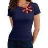 image:imageDokotoo Womens Tops Summer Short Sleeve Crew Neck Slim Fitted Blouse Trendy Cut Out Floral Pattern Basic Tees ShirtsNavy Blue