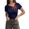 image:imageDokotoo Womens Tops Summer Short Sleeve Crew Neck Slim Fitted Blouse Trendy Cut Out Floral Pattern Basic Tees ShirtsNavy Blue