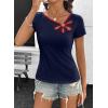 image:imageDokotoo Womens Tops Summer Short Sleeve Crew Neck Slim Fitted Blouse Trendy Cut Out Floral Pattern Basic Tees ShirtsNavy Blue