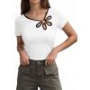 image:imageDokotoo Womens Tops Summer Short Sleeve Crew Neck Slim Fitted Blouse Trendy Cut Out Floral Pattern Basic Tees ShirtsWhite