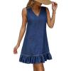 image:imageDokotoo Denim Dress for Women Spring Summer Sleeveless V Neck Ruffle Hem Lightweight Casual ALine Mini Jean DressesDirty Blue