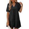 image:imageDokotoo Summer Dresses for Women Casual V Neck Puff Short Sleeve Ruffled Solid Cute Babydoll Mini Dress with PocketsBlack
